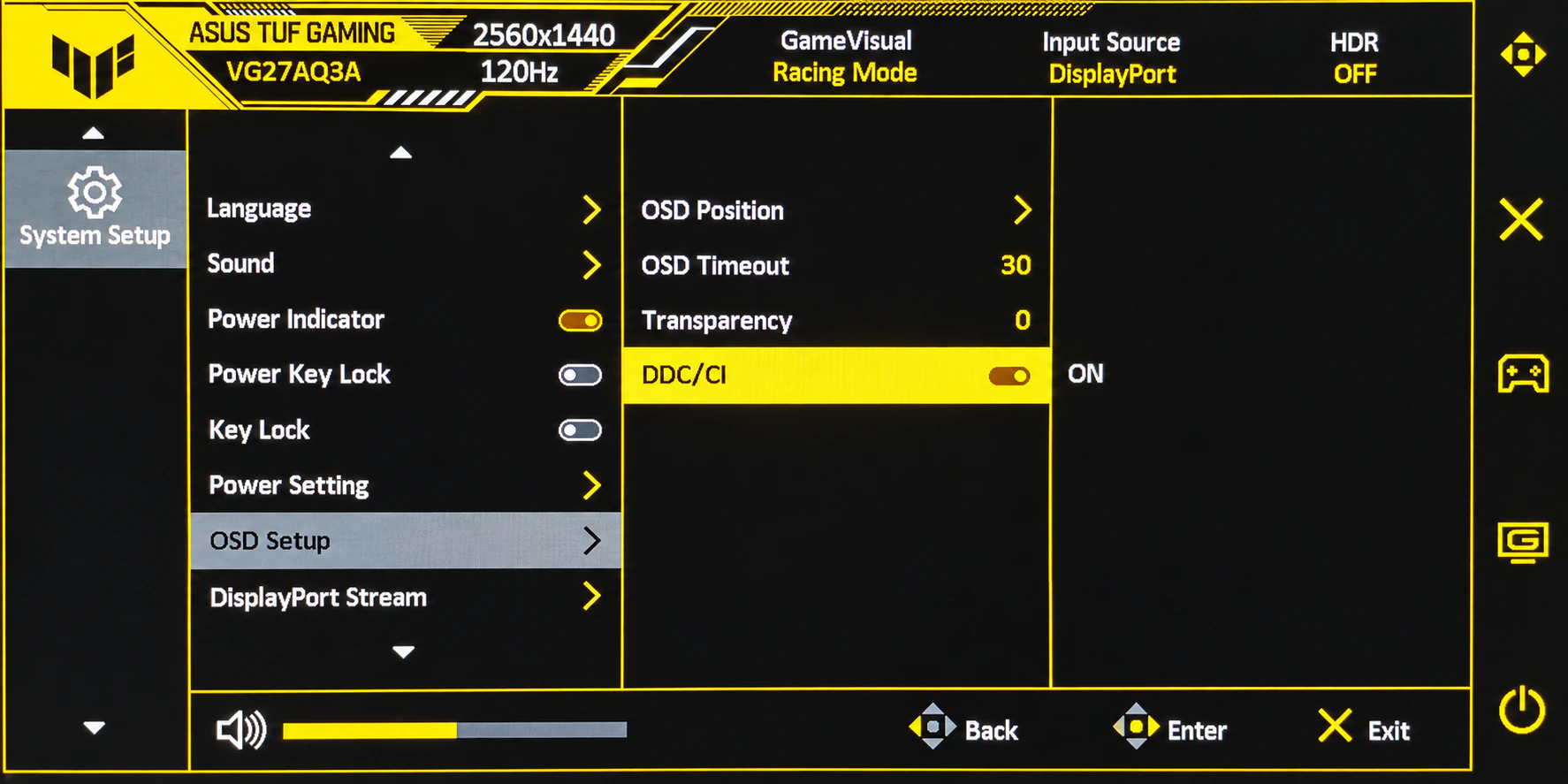 ASUS TUF Gaming VG27AQ3A monitor menu with DDC/CI set to On under OSD Setup